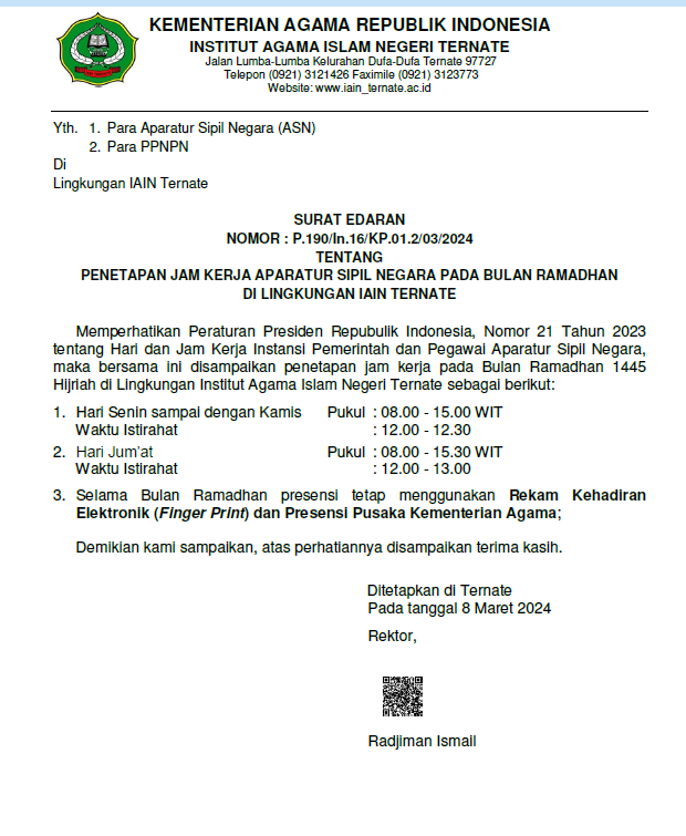 Surat Edaran Rektor IAIN Ternate tentang Penetapan Jam Kerja ASN Selama Ramadhan di Lingkungan IAIN 