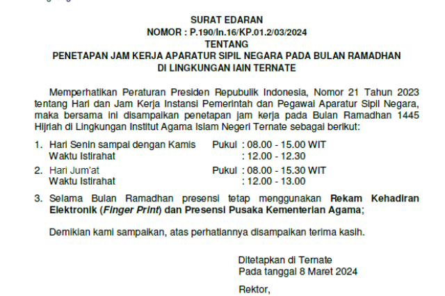 Selama Ramadhan, Jam Kerja IAIN Tarnate disesuaikan